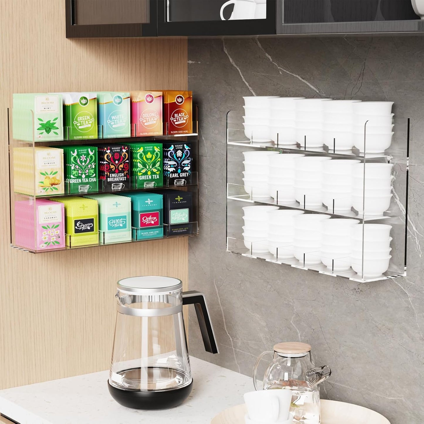 Acrylic Tea Bag Organizer, 3 Layers Tea Bag Holder for Tea Packets, No Assembly Required, Wall Mount Display Tea Caddy for Countertop or Cabinet, 15 Slots