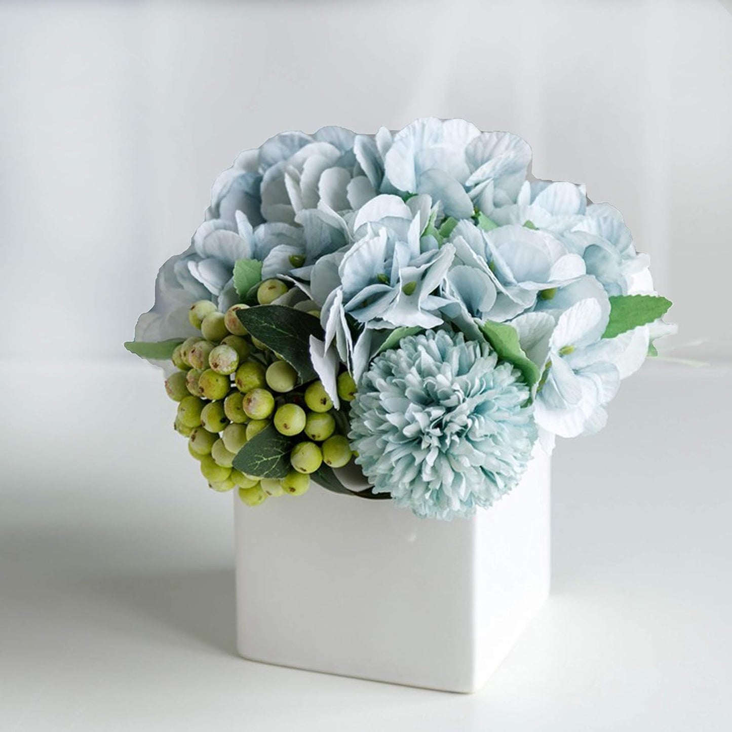 LADADA Fake Flowers in Ceramic Vase,Faux Hydrangea Flower Arrangements for Home Decor Artificial Flowers with Vase