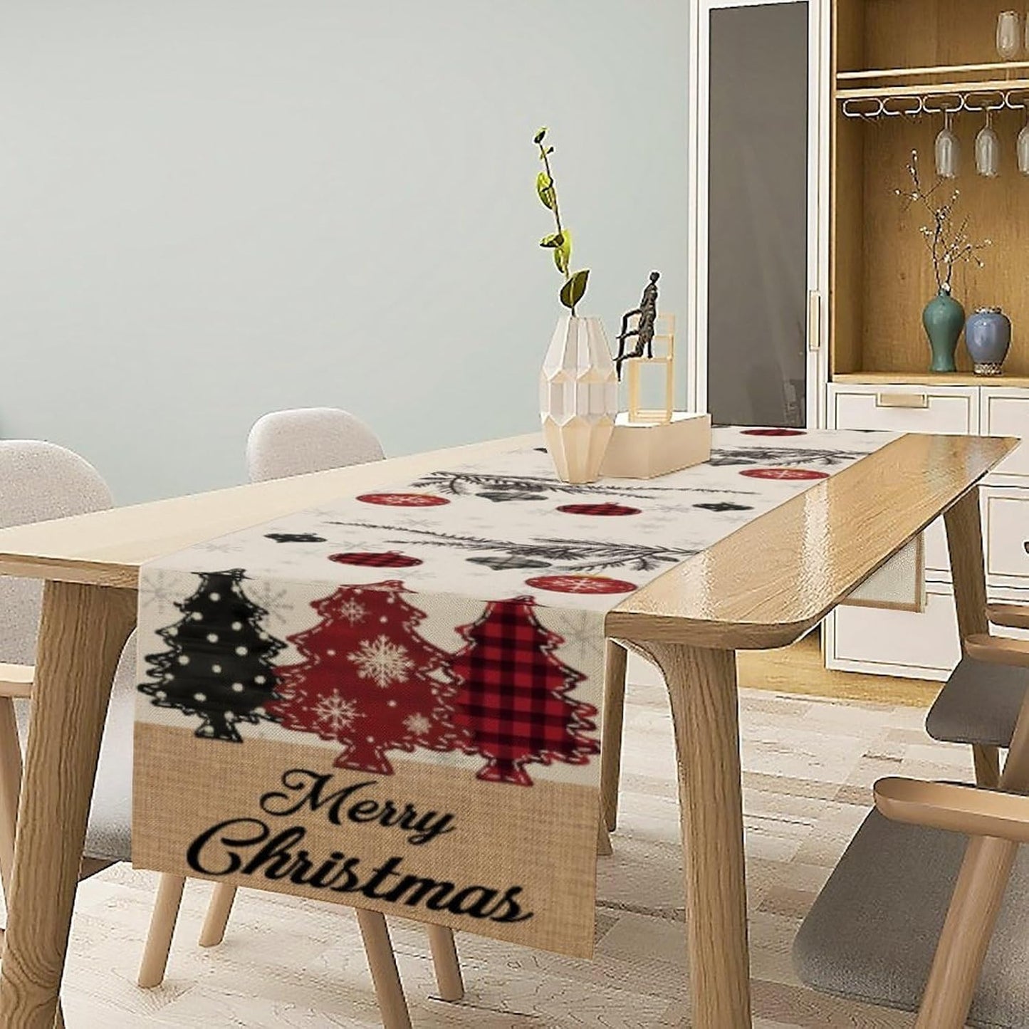 Merry Christmas Table Runner,Winter Xmas Holiday Kitchen Dining Table Decoration for Home Party Decor 13x70 Inch