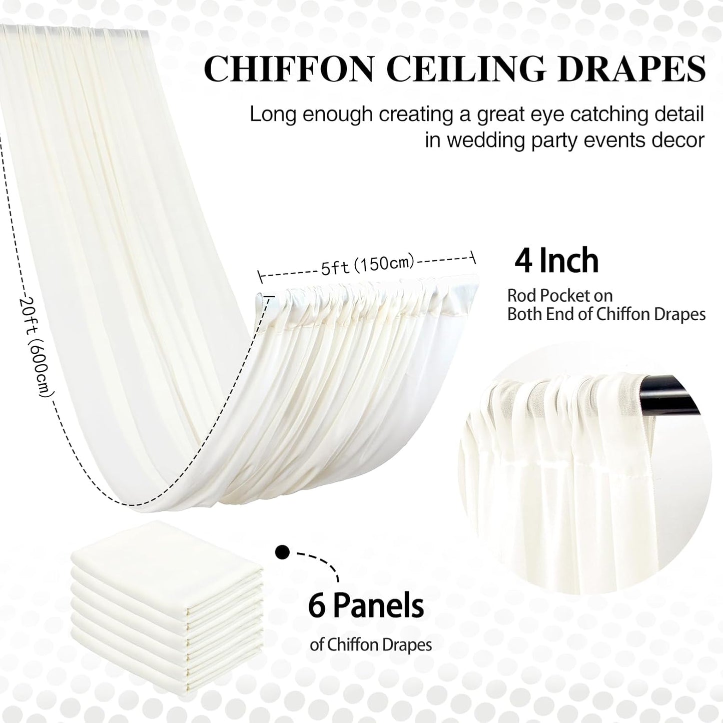 DUOBAO Ivory Ceiling Drapes Sheer Backdrop Curtains 6 Panels 5ftx20ft Reception Halls Drapeing Banquet Room Curtain with Rod Pocket for Wedding Birthday Stage Decoration