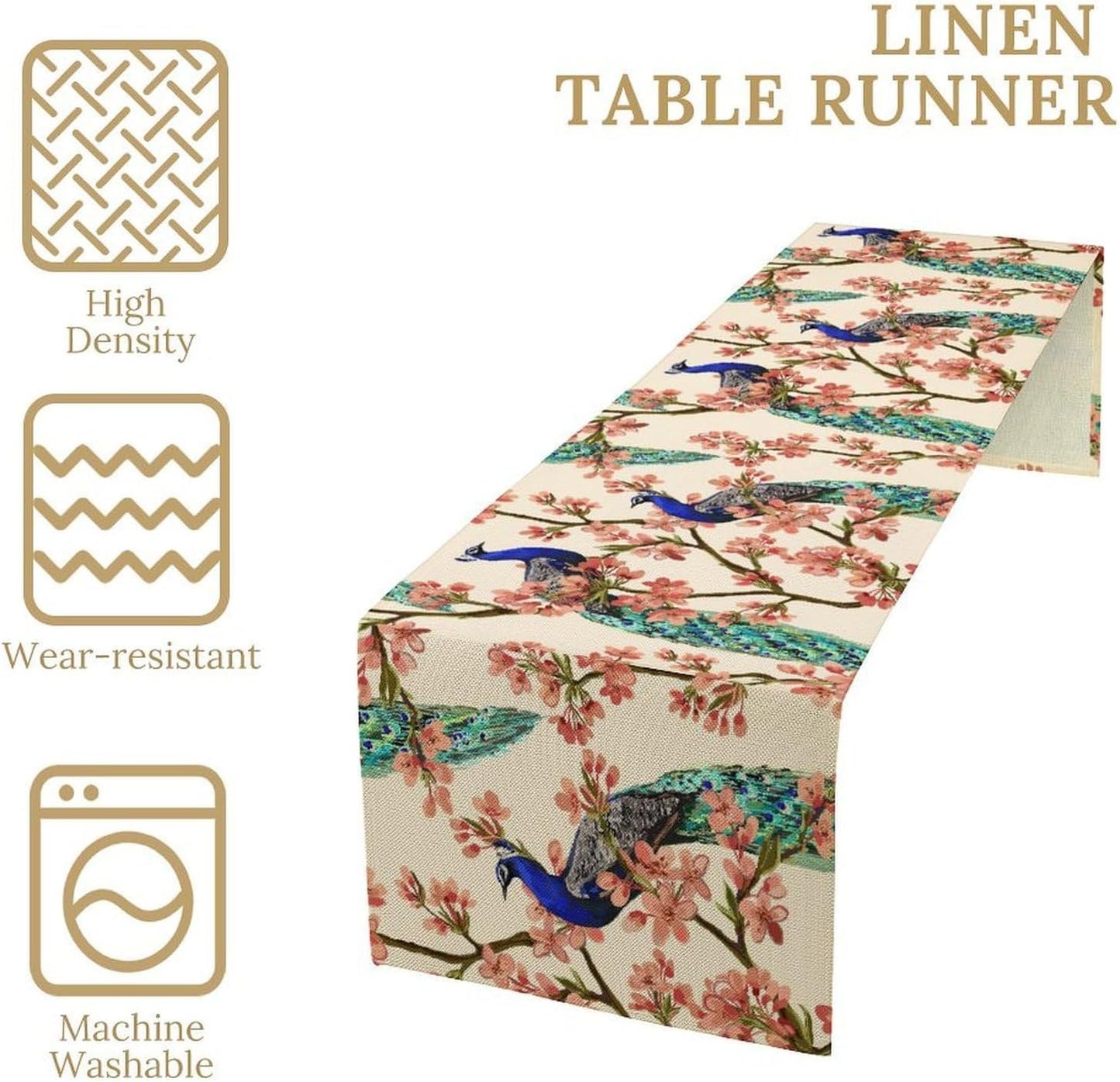 Peacock Table Runner,Spring Floral Peacock Birds Table Runner for Home Kitchen Dining Party Indoor Outdoor Decoration 13x108 Inch