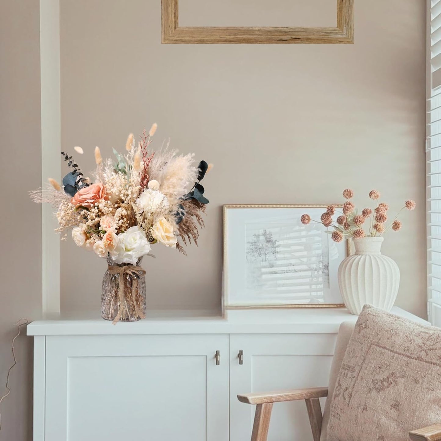 100pcs High End Artificial Flowers Dried Pampas Decor With Vase, Kitchen Island Decorations, Coffee Table Centerpiece Premium Decor, Thanksgiving Christmas Centro De Mesa de Comedor, Adornos Para Sala