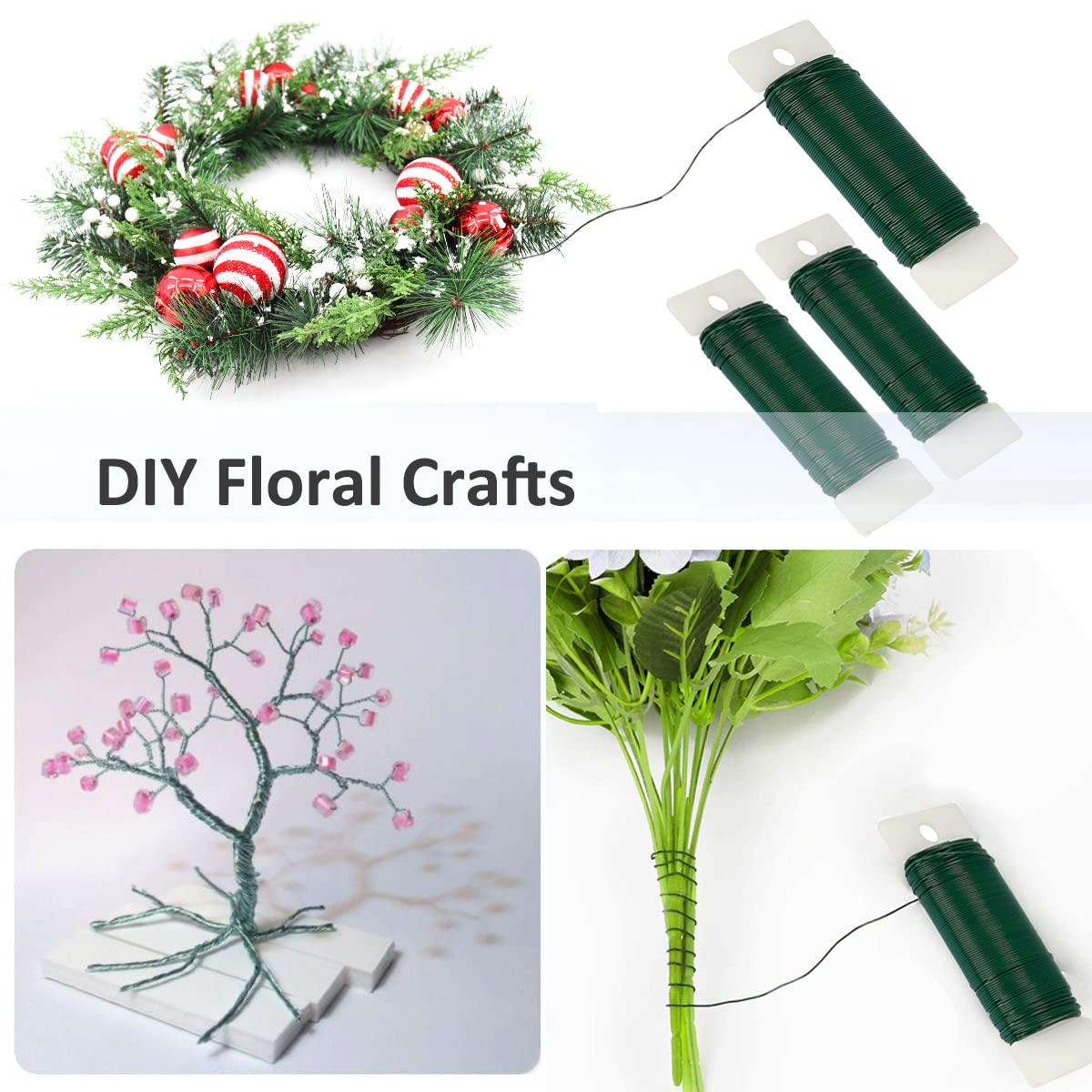 Green Floral Wire 3 Pack 117 Yards 22 Gauge Flexible Paddle Wire for Crafts Christmas Wreaths Tree,Garland and Floral Arrangements