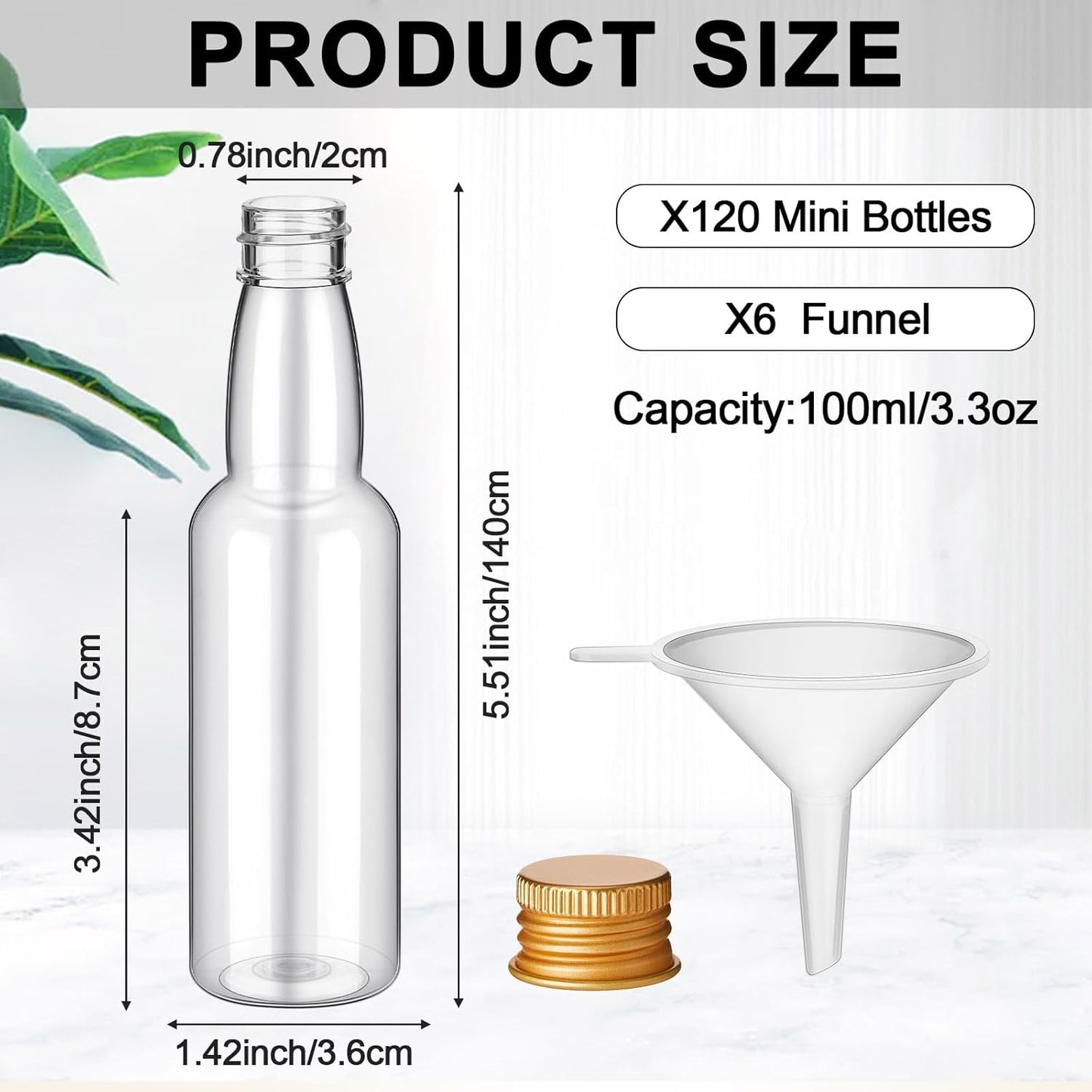 120 Pcs Mini Liquor Bottles Airtight Shot Miniature Empty Plastic Alcohol Spirit Shot Bottles with Funnels for Party Favors, Weddings(3.3 oz,Gold)