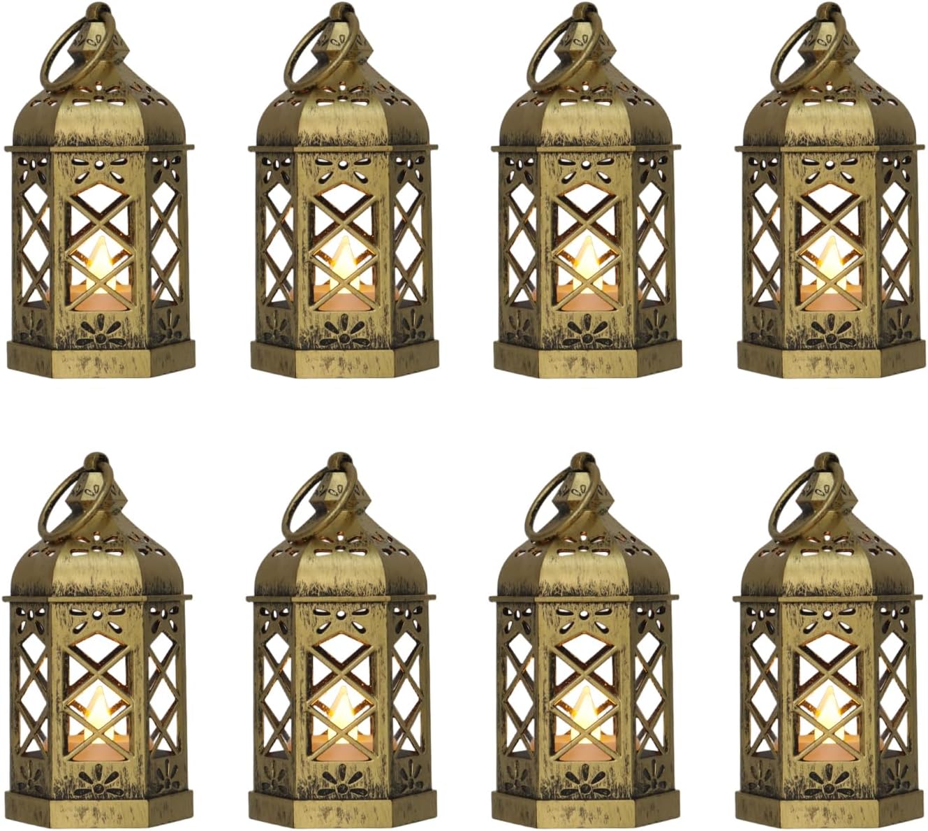 Mini Lantern with Flickering LED Candles for Halloween, LLQ (8Pack-5Inch) Vintage Decorative Candle Lanterns for Christmas Wedding Party Baby Shower Table Centerpiece, Xmas Tree Hanging Ornaments
