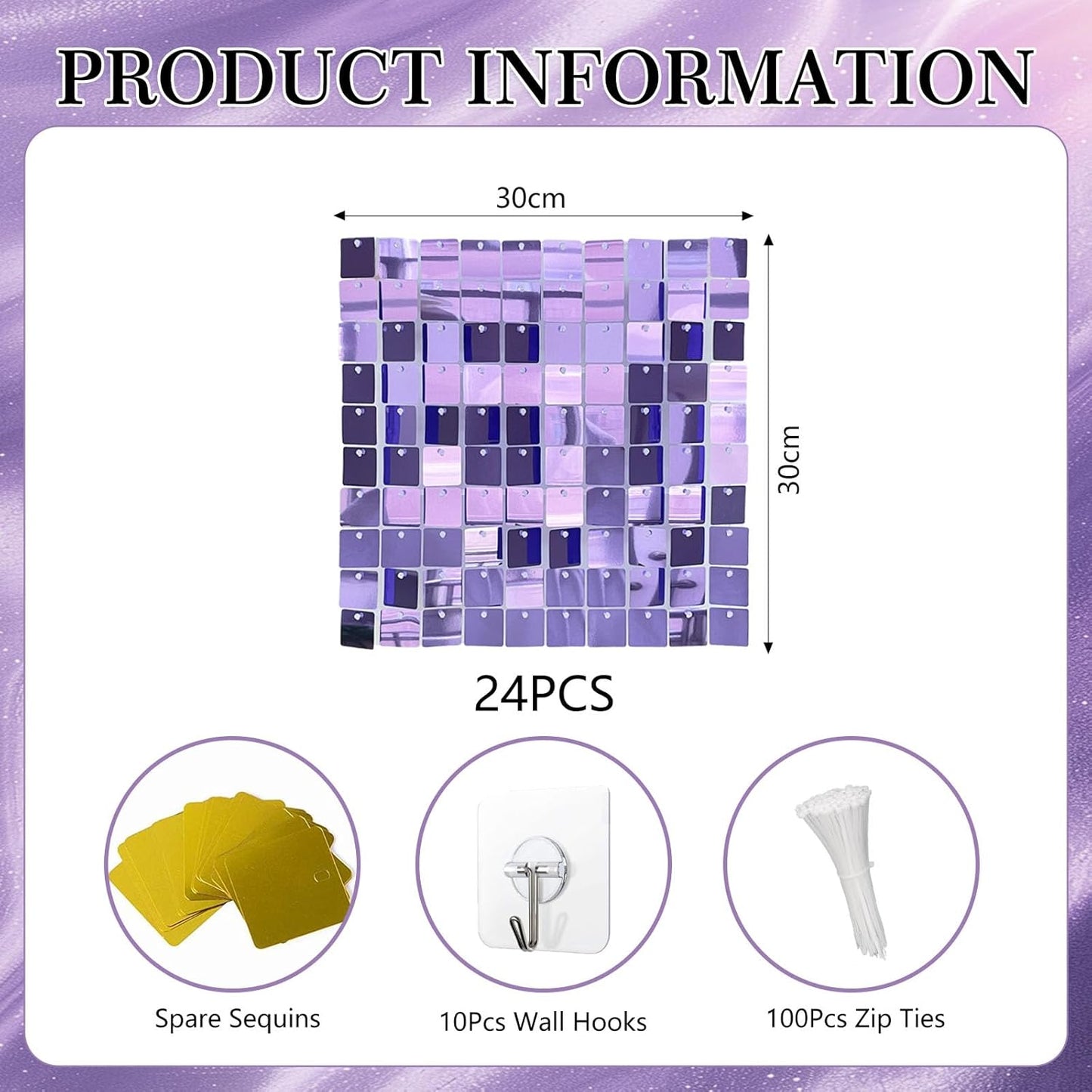 24PCS Light Purple Shimmer Wall Backdrop, Square Sequin Photo Backdrops Panel, Glitter Wall Background for Birthdays, Weddings, Halloween, Engagements, Disco Bachelorette Party Decoration (4FTx6FT)