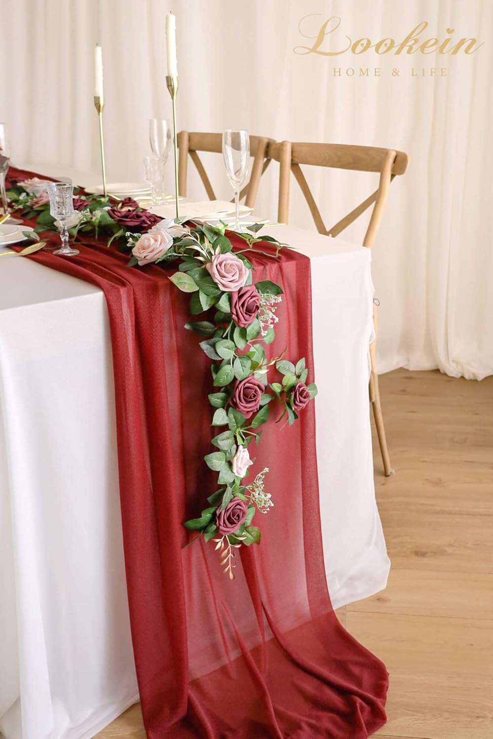 Lookein Artificial Rose Flower Garland Greenery Garland 5FT for Wedding Ceremony Backdrop Arch Flowers Table Centerpieces Decorations, Burgundy