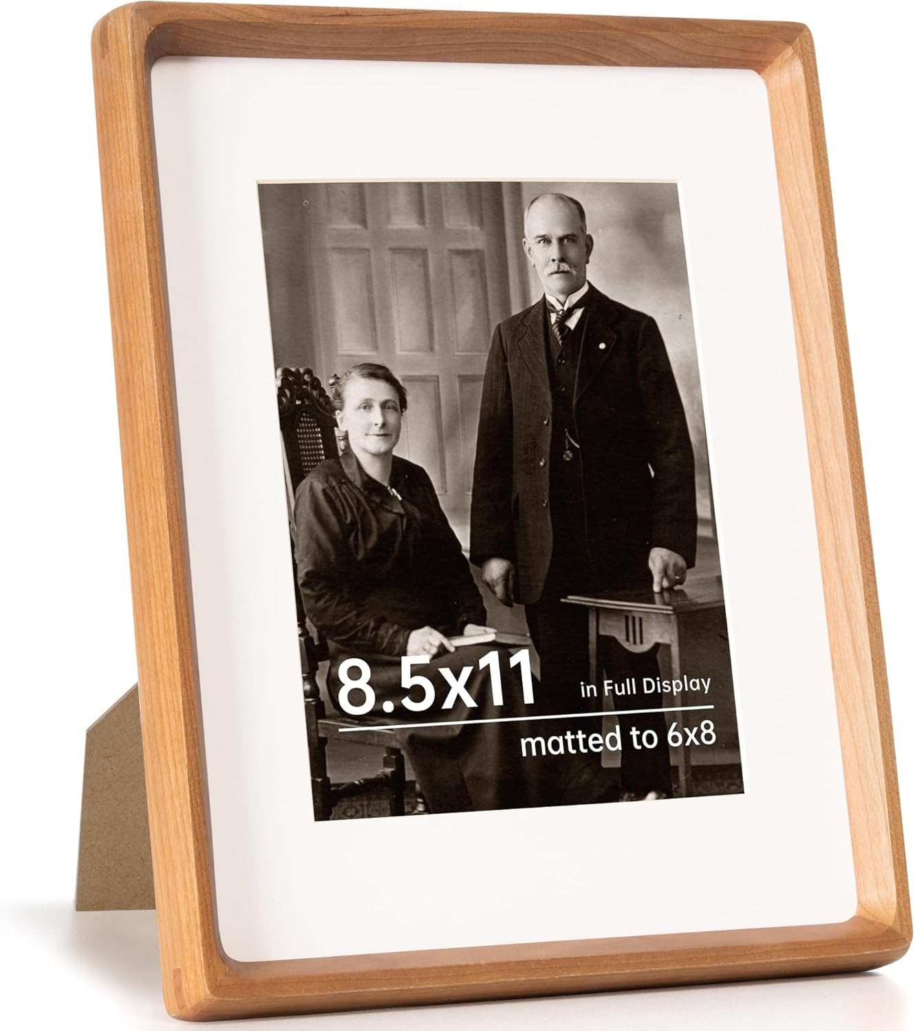 8.5x11 Picture Frame USA-Sourced Natural Cherry Wood Solid Original Wood Photo Frame Rounded Corner with Mat to 6x8 Picture Display with Real Glass Family Picture, Wedding Picture, Photo, Certificate