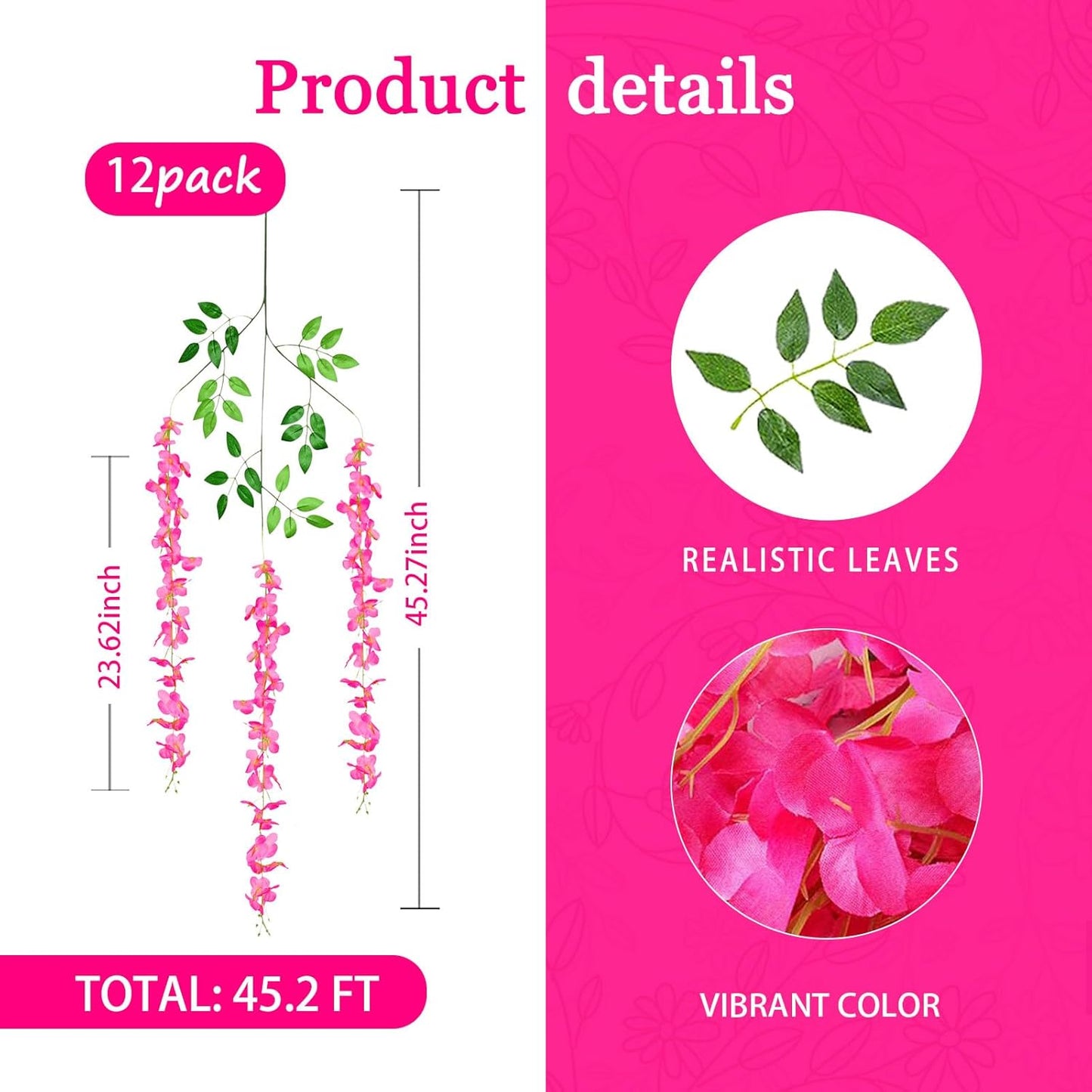 12 Pack Fuchsia Wisteria Hanging Flowers Garland, 3.77 Feet Artificial Flower Vines, Fake Wisteria, Artificial Vines Hanging Garland for Backdrop Outdoor Yard Garden Decor