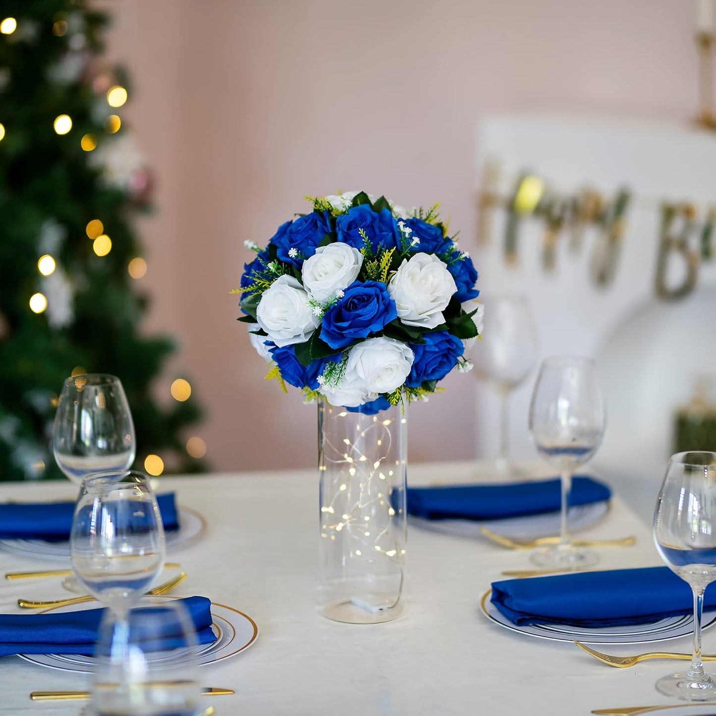 BLOSMON Royal Blue White Flowers: 2 Pcs Fake Roses Flower Balls Centerpiece for Wedding Table - Artificial Silk Kissing Bouquet Floral Arrangement for Home Party Event Decor