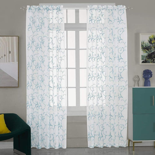 Embroidered Sheer Curtains Blue 95 Inches Vintage Floral, Window Treatments Rod Pocket Drapes for Living room, Bedroom, Semi Crinkle Voile Curtain Panels for Yard, Villa, Parlor, Set of 2, 52"x95".