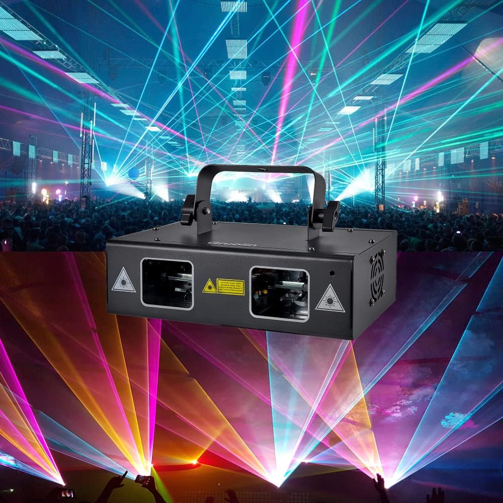 DJ Lights Party Lights, Gruolin RGB Full Color Laser Stage Light Music Sound Activated & DMX Control Patterns Projector, Perfect for Party Disco Bar Club Stage & DJ Lighting