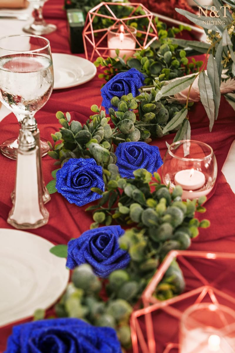 N&T NIETING Artificial Flowers Glowing Navy Blue Flowers Foam 25pcs Glitter Roses Real Looking Fake Roses with Stem for DIY Wedding Bouquets Centerpieces Bridal Shower Party Home Decorations