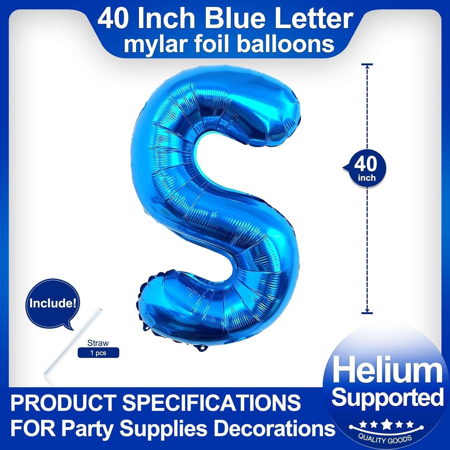 40 Inch Blue Letter S Balloons, DIY Phrase Foil Alphabet Letter S Balloons DIY Word S Banner for Birthday Anniversary Celebration Graduation Party Supplies Decoration