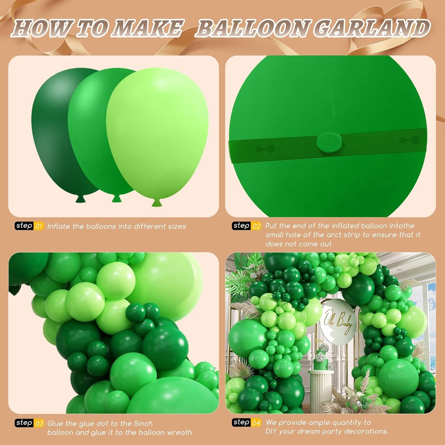 412pcs Green Balloon Garland Arch Kit, 18 12 10 5 inch Different Sizes Balloons for Green Jungle Forest Themed Birthday Party Decorations