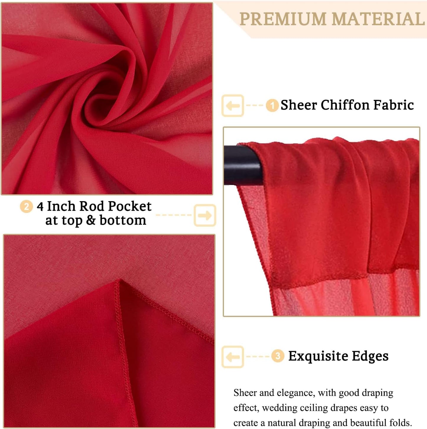 MODFUNS Wedding Ceiling Drapes Red Chiffon Ceiling Draping Fabric 5x20ft 6 Panels Sheer Arch Drapes Tulle Draping Fabrics Semi Sheer Stage Curtain for Wedding Banquet Decoration