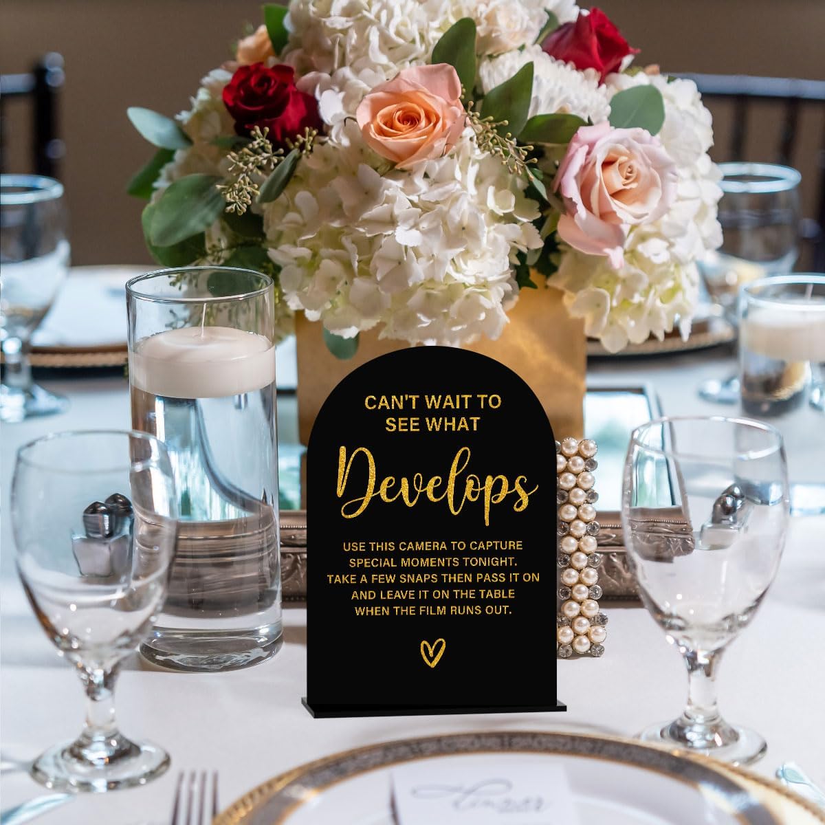 Acrylic Wedding Sign, Bridal Shower Decorations, Can't Wait to See What Develops Sign for Ceremony, Modern Font Table Signs, Acrylic Table Top Signs for Wedding Reception (Black Gold)
