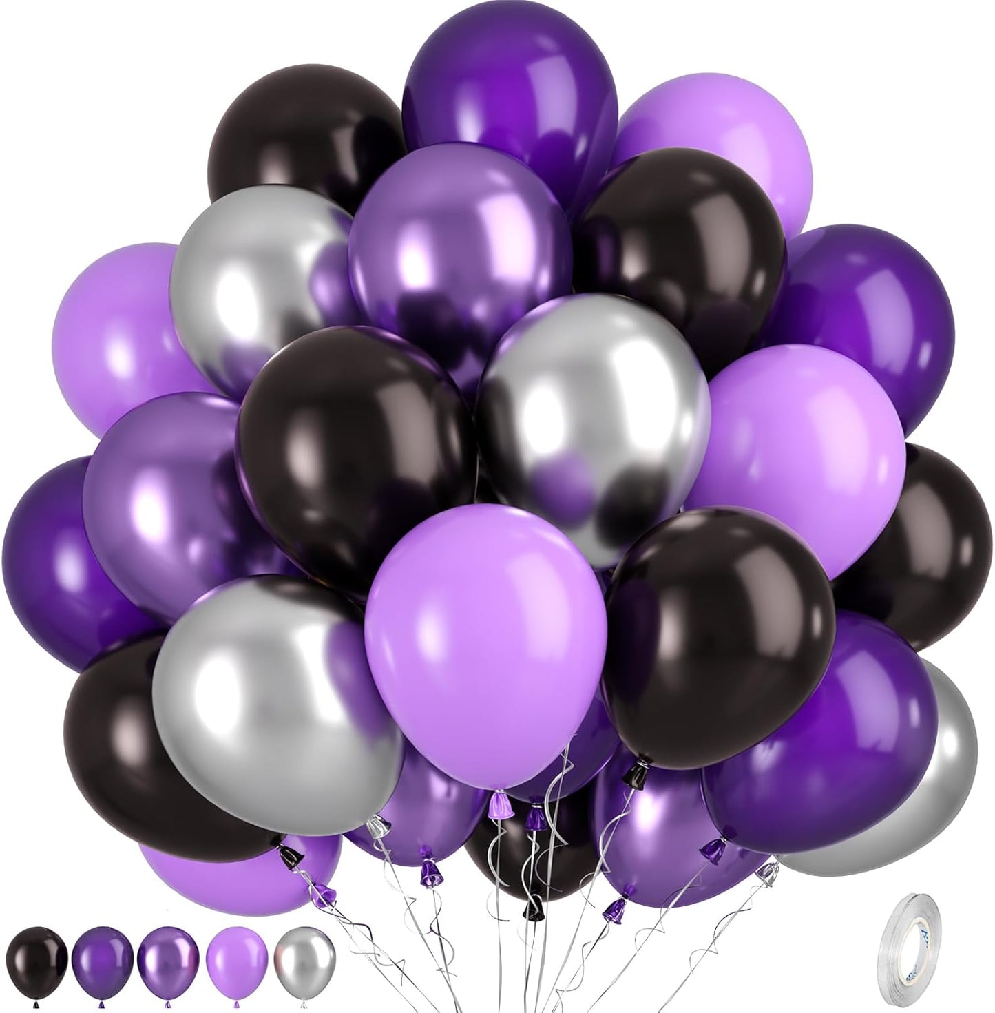 Purple Black Silver Balloons, 50pcs Purple and Black Balloons, Metallic Purple Silver Balloon for Birthday Baby Shower Halloween Theme Party Wedding Graduation Bridal Shower Bachelorette Decorations