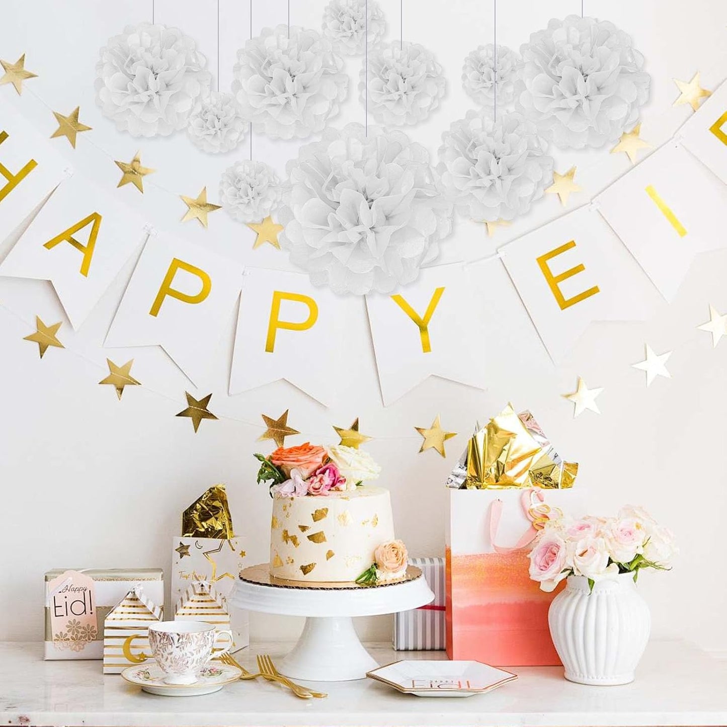 Tissue Paper Pom Poms, White Tissue Paper Flowers, Hanging Flower Balls for Weddings Fiesta Parties Birthday Baby Showers Classroom Bridal Shower Decoration (20Piece Set-6/10/12/14Inch)