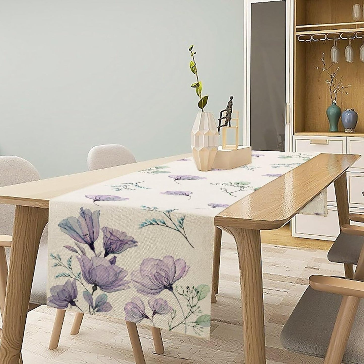 Poppy Flower Table Runner, Watercolor Purple Floral Leaves Seasonal Spring Summer Table Runner for Kitchen Dinning Table Runner Decor Home Wedding Party Holiday, 13x70 Inch