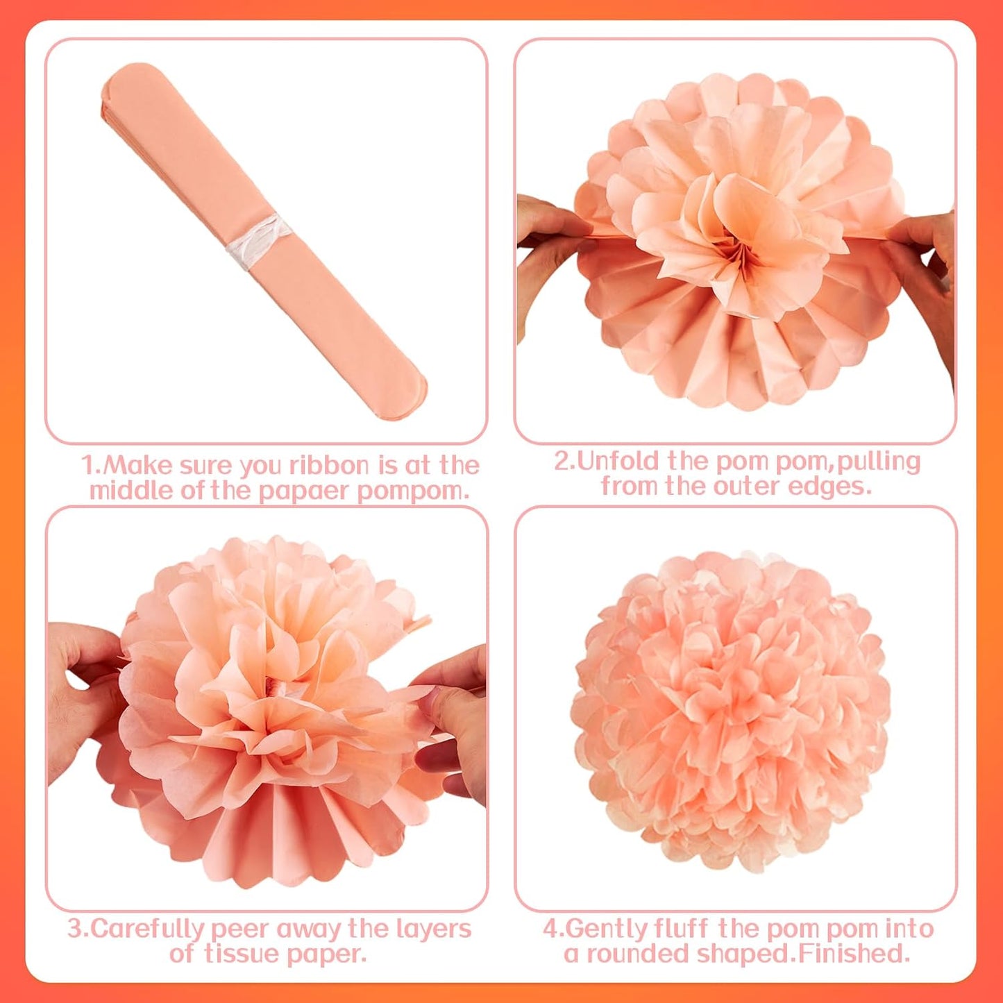 15Pcs Tissue Pom Poms Pink Orange Paper Flowers Hanging Decorations Orange Pink Flower Ball for Baby Shower Wedding Nursery Birthday Party Backdrop Home Outdoor