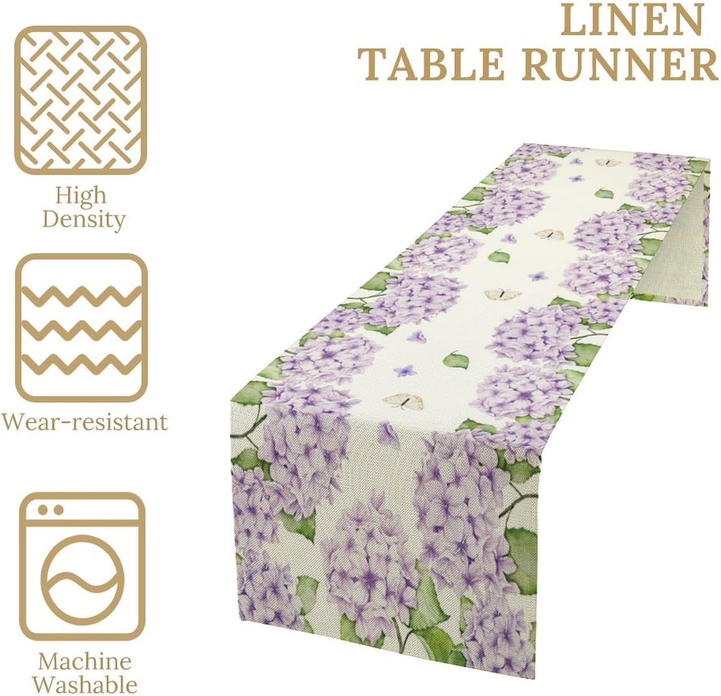 Watercolor Hydrangea Flower Table Runner, Spring Summer Seasonal Plants Butterfly Pink Lavender Dinner Runner for Home Kitchen Dining Table Party Holiday Decoration 13"x120"