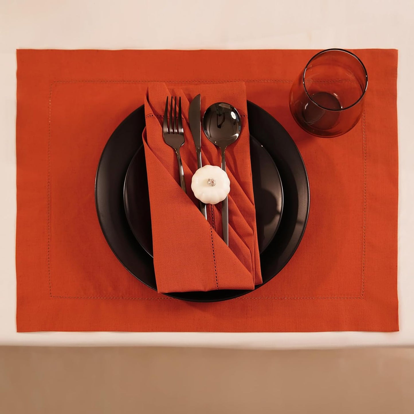 Cotton Linen Dinner Napkin Set of 4 – Hemstitch Pumpkin Cloth Dinner Napkin-20 x 20 Inch – Washable Fabric for Fall, Halloween, Thanksgiving, Everyday Dining & Décor – Serena