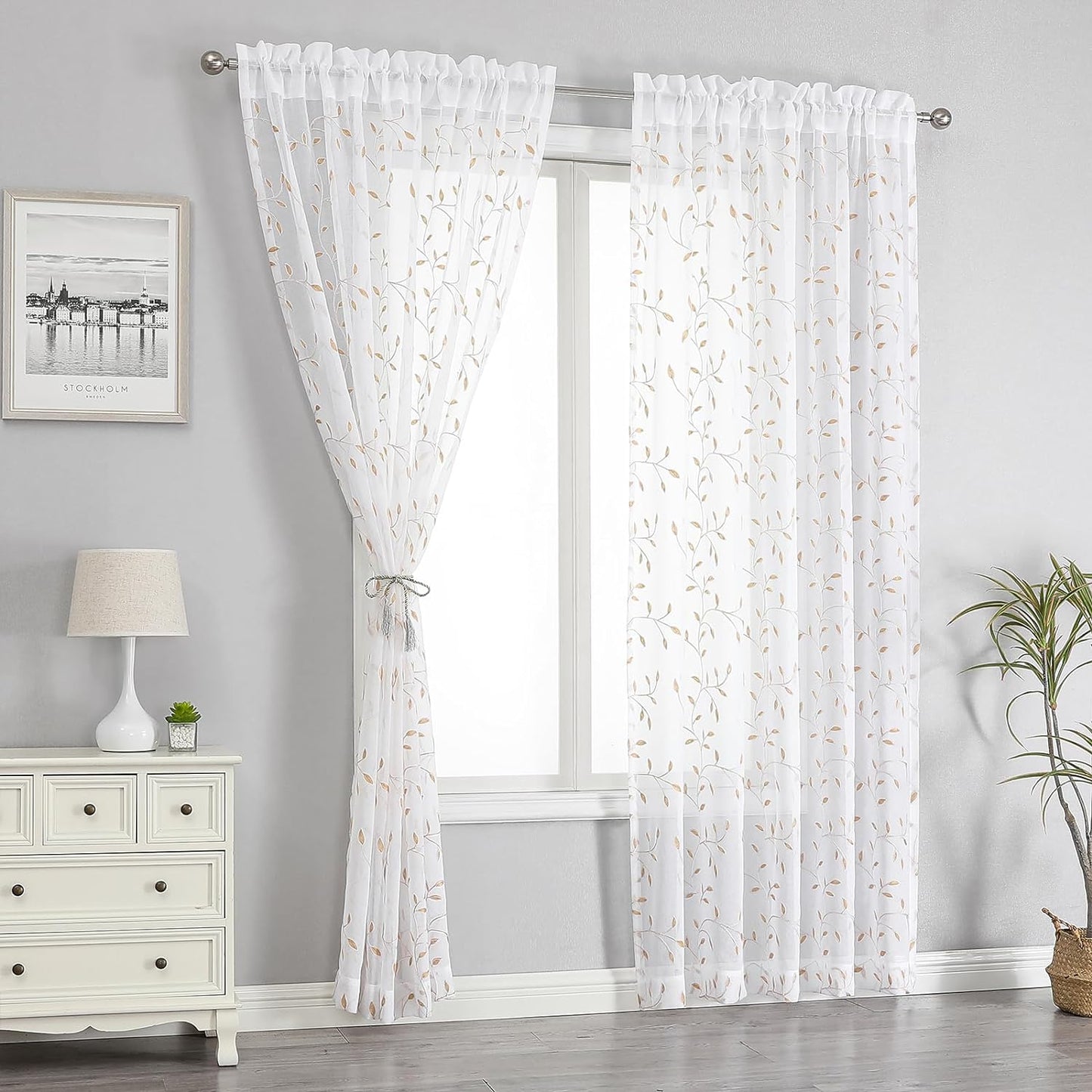 VISIONTEX White Sheer Voile Curtains, Decorative Orange Leaves Embroidery Faux Linen Rod Pocket Window Drapes for Home Kitchen, Living Room and Bedroom 54 x 84 Inch, Set of 2 Curtain Panels