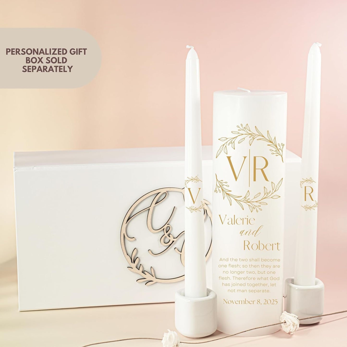 Unity Candles for Wedding, Modern Unity Set, Custom and Personalized Pillar and Taper Candles with Bible Quote, Unscented White Premium Wax, Religious and Wedding Ceremony, Special Events (Goldie)
