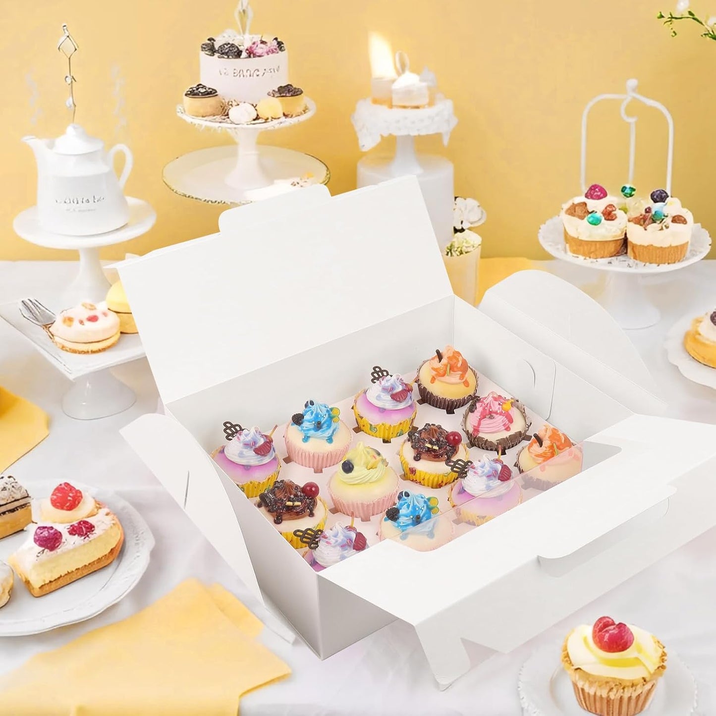 White Cupcake Boxes 12 Count, 30 Pcs Cupcake Containers with Handle, Window, and Inserts – Holds 360 Standard Cupcakes, Food-Grade Gable Boxes for Muffins, Cakes, and Party Desserts