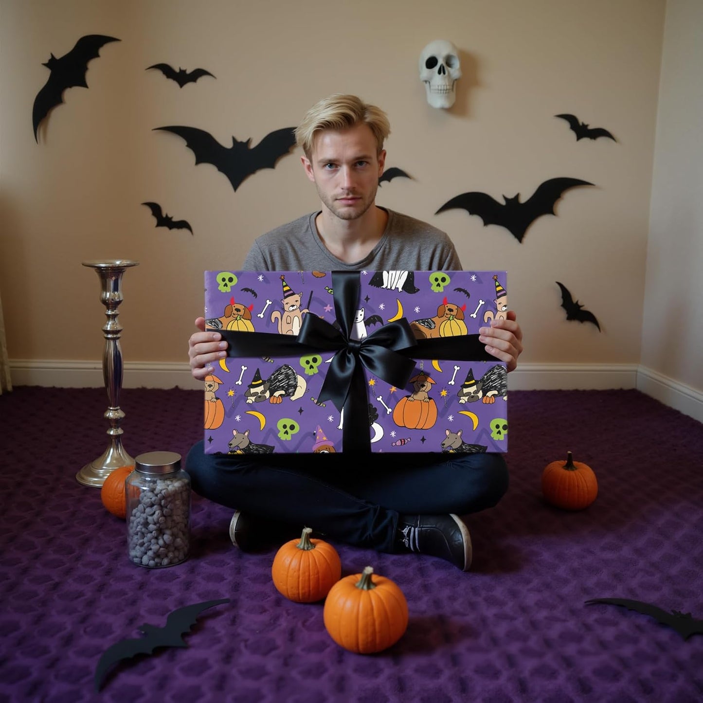 LeZakaa Halloween Purple Animal Wrapping Paper Roll, Cat Dog in Halloween Costumes, Pumpkins Bats Skulls Cheer, for Pet Lovers, Kids, Trick-or-Treat Party Decor, Mini Roll 17 in x 16.4 Ft