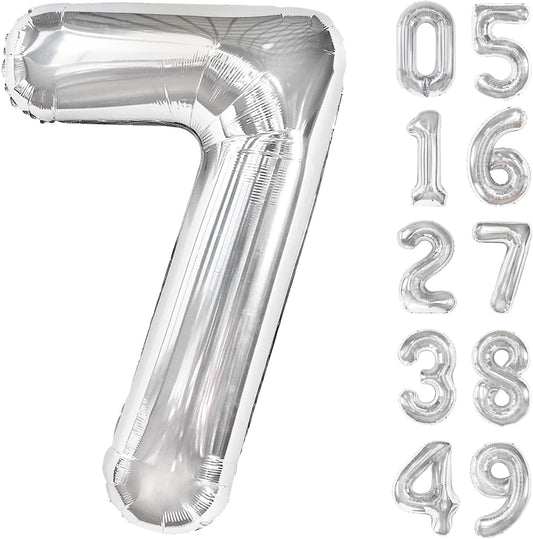 Silver Number 7 Birthday Balloon 40 Inch, Digital Balloons for 7 17 27 70 77 Party Celebration Decorations Supplies, Mylar Foil Numbers Balloon for Seven Wedding Anniversary