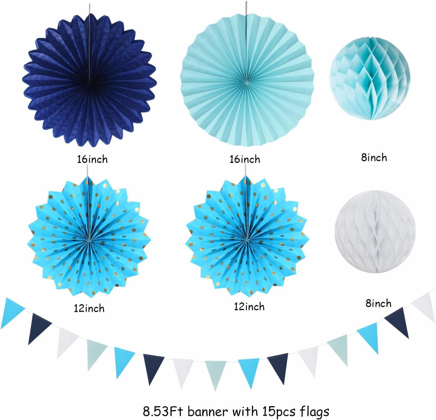 Light-Royal Navy-Blue White Party-Decorations - 20pcs Boy Baby Shower Paper Lanterns Fans,Tissue Pom Poms,Honeycomb Balls,Birthday Bachelorette Bridal Wedding Under The Sea Frozen Decor Burgleda