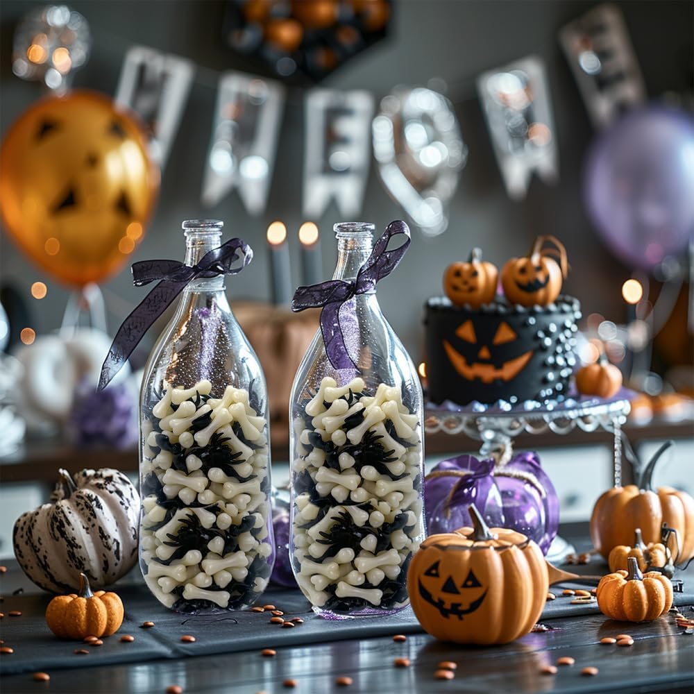 HappyFiller Halloween Decoration 450 PCS Black Mini Acrylic Spiders Bat Mix Ivory Color Bones for Sensory Bin Gems,Vase Fillers,Home Decor,Table Scatters