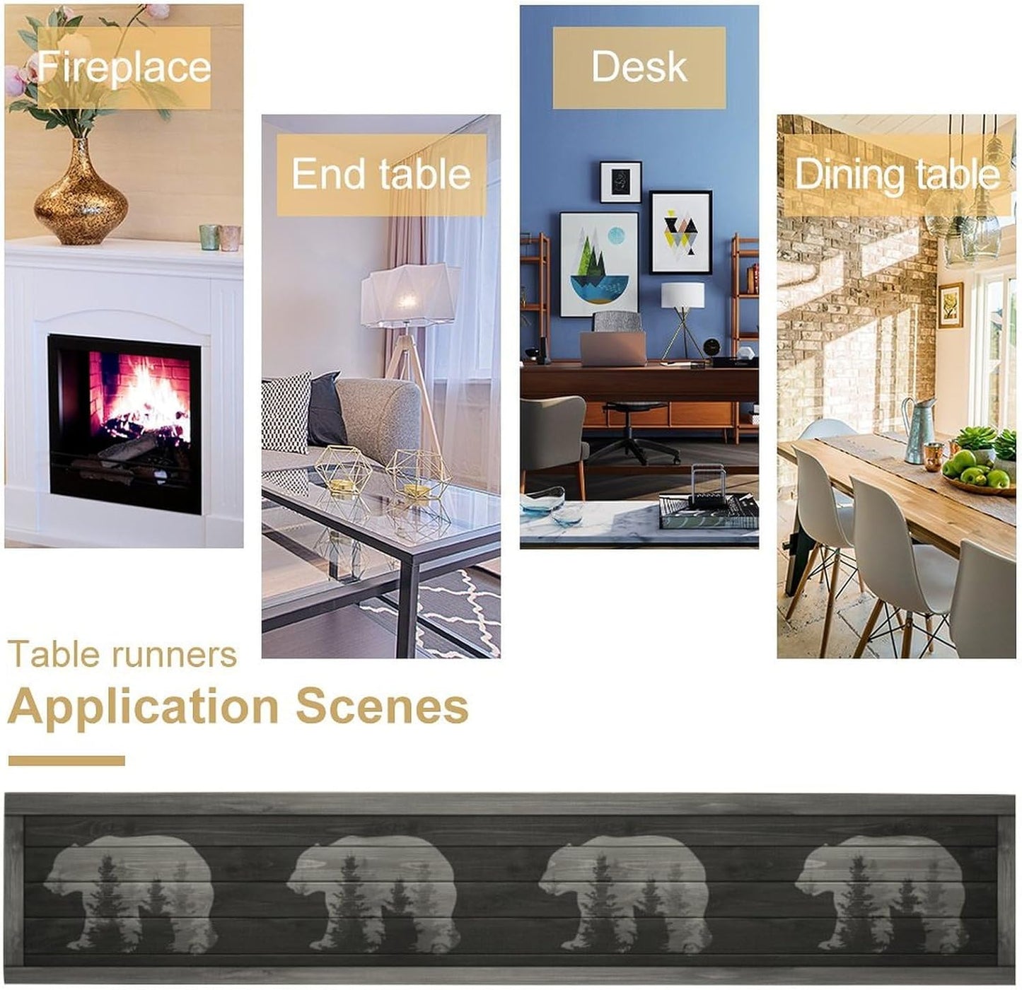 Rustic Country Bear Table Runner, Black Wood Wooden Cabin Wild Animals Hunting Table Cloth for Home Kitchen Dining Table Runner 13x120 Inch