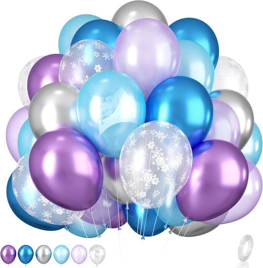 Frozen Balloons, 12 Inch Purple Blue White and Silver Balloons with Snowflake Balloons for Girls Frozen Theme Party Supplies Ice Snow Theme Birthday Baby Shower Winter Party Decorations