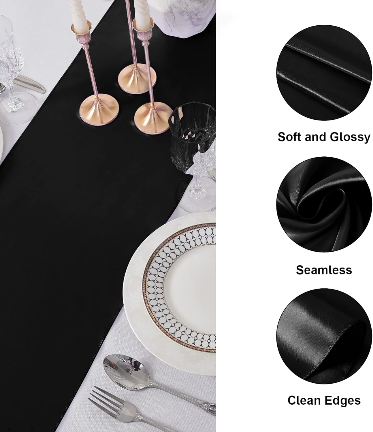 24Pack Table Runner 12 x 108 Inches Satin Silk Table Runner for Wedding, Birthday Party, Banquets, Graduations Decoration, fit Rectange and Round Table-Black