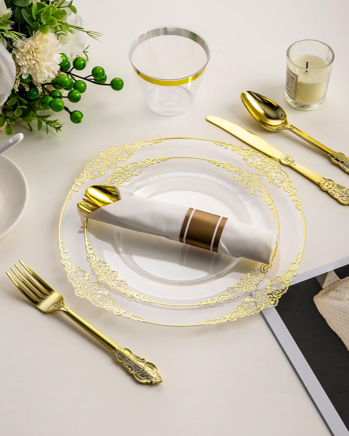 Goodluck 350 Piece Clear Gold Plastic Dinnerware Set for 50 Guests, Fancy Disposable Plates, Include: 100 Gold Rim Plastic Plates, 150 Silverwares, 50 Pre Rolled Napkins, 50 Cups for Party, Wedding