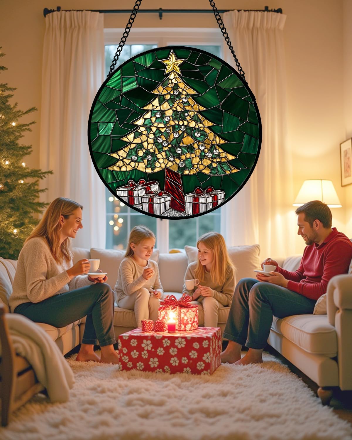 Stained Glass Window Hanging - Gold Green Christmas Tree Suncatcher for Doors Home Christmas Decoration Winter Sun Catcher Thanksgiving New Year Birthday Gifts for Women Men Mom Nana 7.8 in