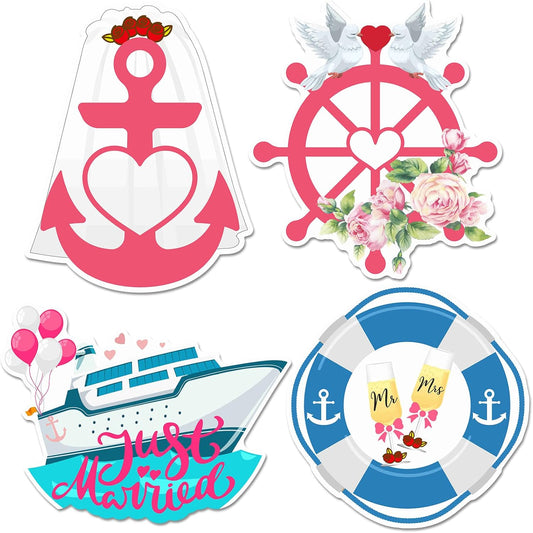 Xuhal 4 Pcs Just Married Cruise Door Decorations Wedding Honeymoon Cruise Door Magnets Just Married Car Decoration Anchor Life Preserver Magnet Carnival Car Locker Refrigerator