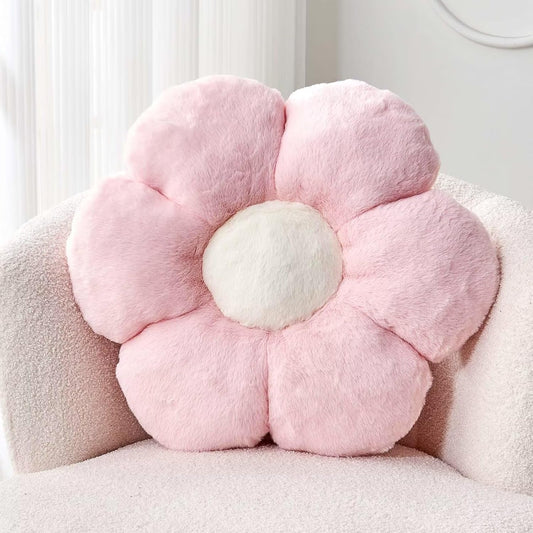 Pink Flower Pillow, Cute Decorative Flower Shaped Throw Pillow with Faux Rabbit Fur, 19.6" Soft Flower Plush Throw Pillow Floor Pillows Room Décor for Bedroom Living Room