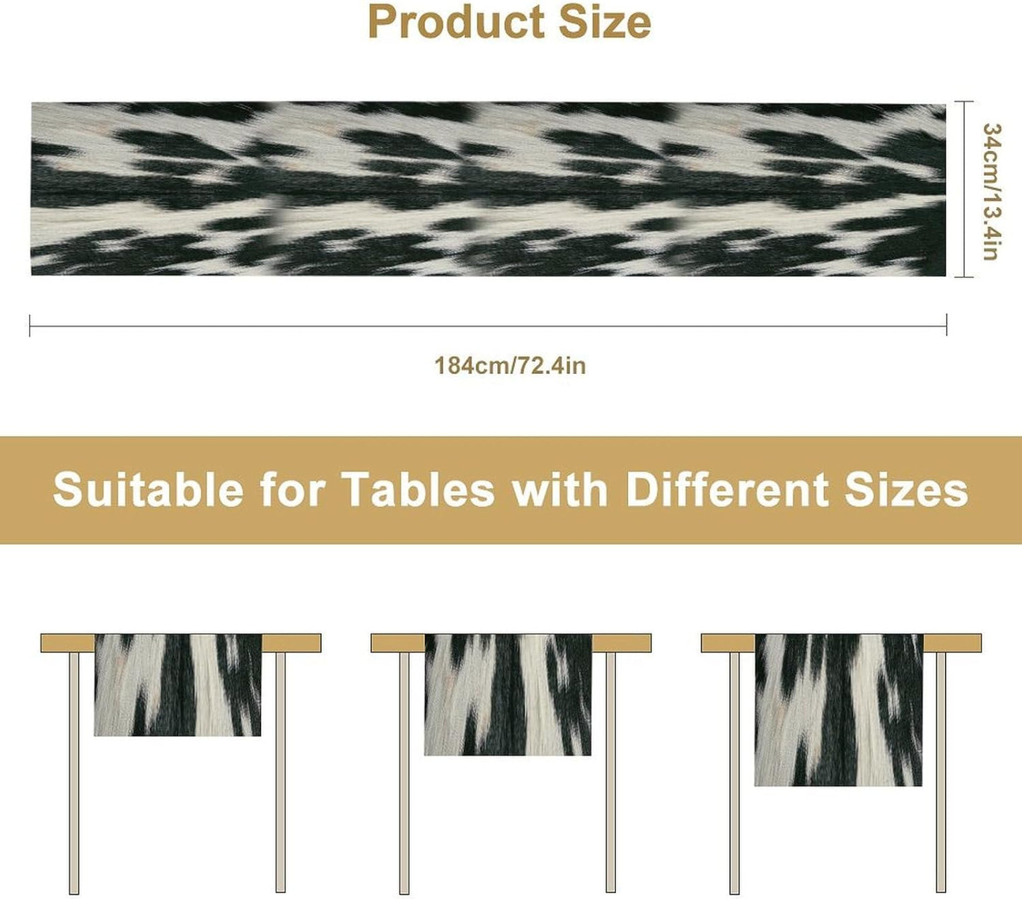 Rustic Cow Skin Print Table Runner, Country Farm Animal Fur Skin Pattern Western Style Brown Cowhide Print Cotton Linen Cottage Dinner Runner for Home Kitchen Dining, 13x90 Inch