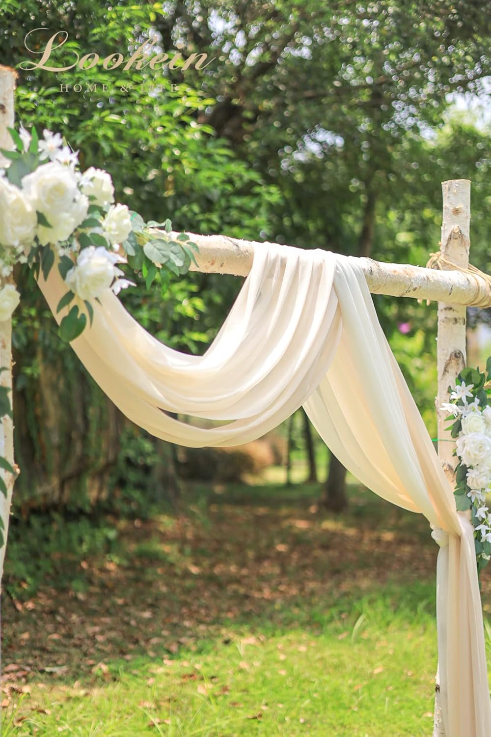 Lookein Chiffon Arch Fabric Drapes for Wedding Arbor Ceremoney Backdrop Decoration Stair Swag, 3 Panels 30" Wide 6 Yards, Cream & Nude