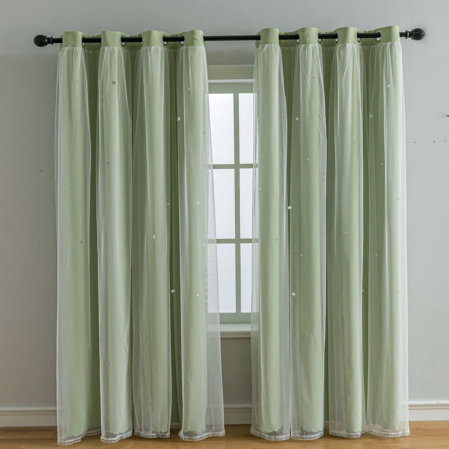FANLI 2 Panels Star Blackout Curtains for Kid Girls Bedroom Living Room Darking Stripe Double Layer Star Cut Out Wall Home Decor Gradient Grommet Window Curtains (Green 63L)