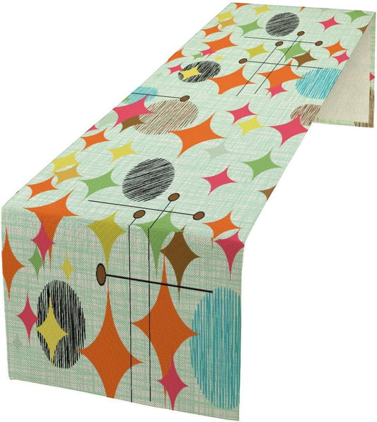 Mid Century Table Runner,Abstract Retro Modern Geometric Colorful Stripe Pattern Print Tablecloth Burlap for Hotel Indoors Outdoor Dining Room Kitchen Holiday Party, 13x90in
