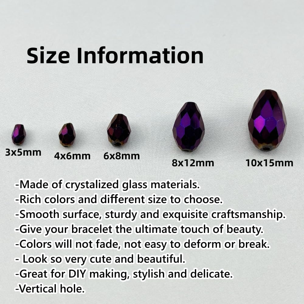 200pcs 3x5mm Teardrop Crystal Glass Beads for Jewelry Making, Faceted Vertical Hole Teardrop Glass Spacer Beads for Wind Chimes Bracelet Earring Necklace DIY Craft(Purple Light)