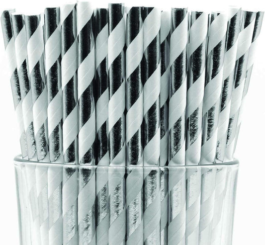 Pack of 150 Silver Foil Swirls Biodegradable 4-Ply Paper Drinking Straws (Compostable, Non-toxic, BPA-free)