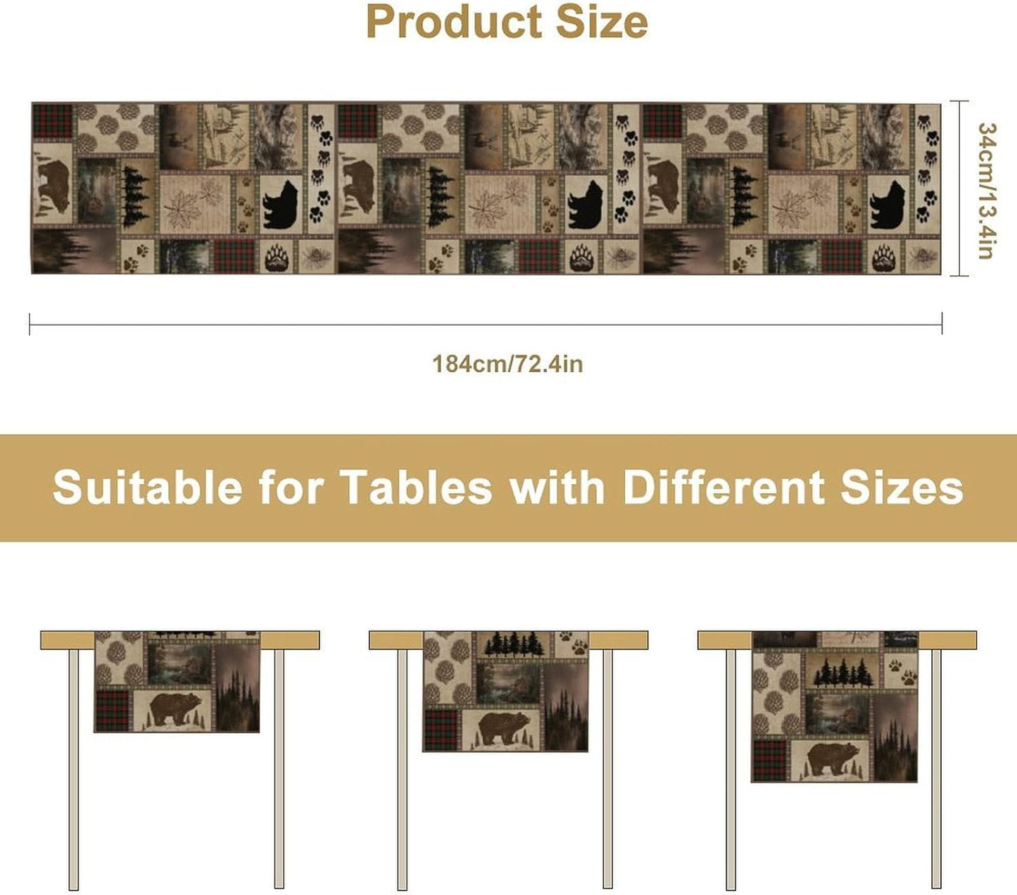 Retro Rusticd Cabin Table Runner Bear Country Farmhouse Vintage Lodge Table Runner for Party Dinner Festival Bedroom Living Room Kitchen 13x36 Inch