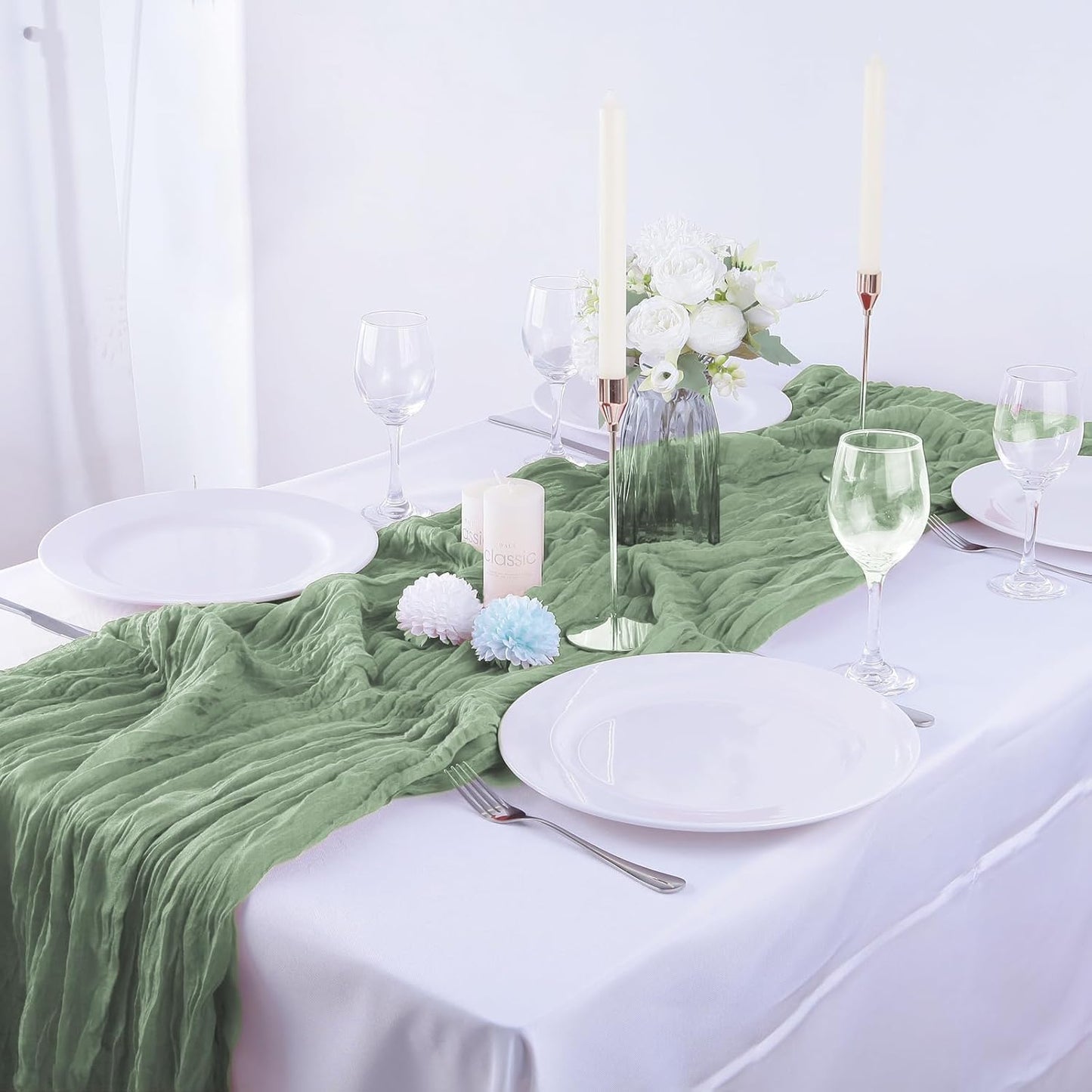 6Pcs Sage Green Cheesecloth Table Runner 120 Inch Green Cheesecloth Table Runner10FT Sage Table Runner Boho CheeseClothTable Runner forWedding Party Baby Shower Birthday Home Decor Holiday Decorations