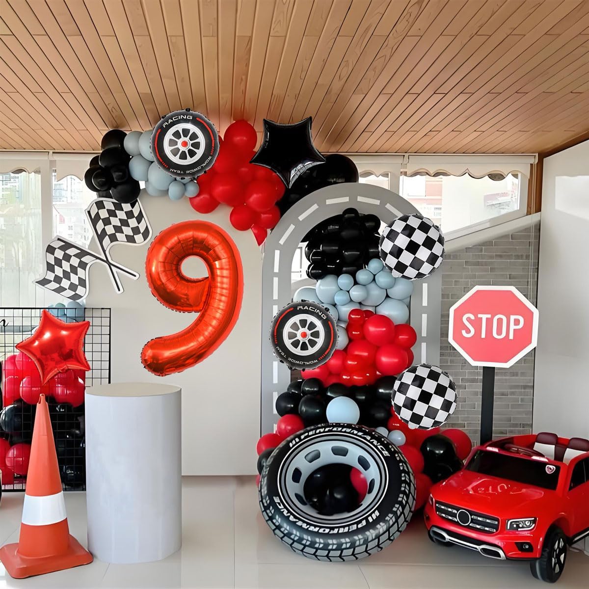 Race Car Birthday Party Decorations - 40 Inch Mylar Red Number 9 Balloons - Black Foil Checkered Race Car Balloons for 9st Birthday Race Cars Themed Party Decorations